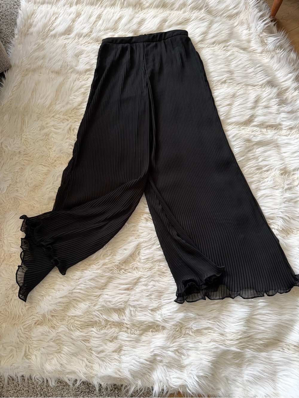 Samuel Dong Black Pleated Wide-Leg Pants with Ruffle Hem Detail